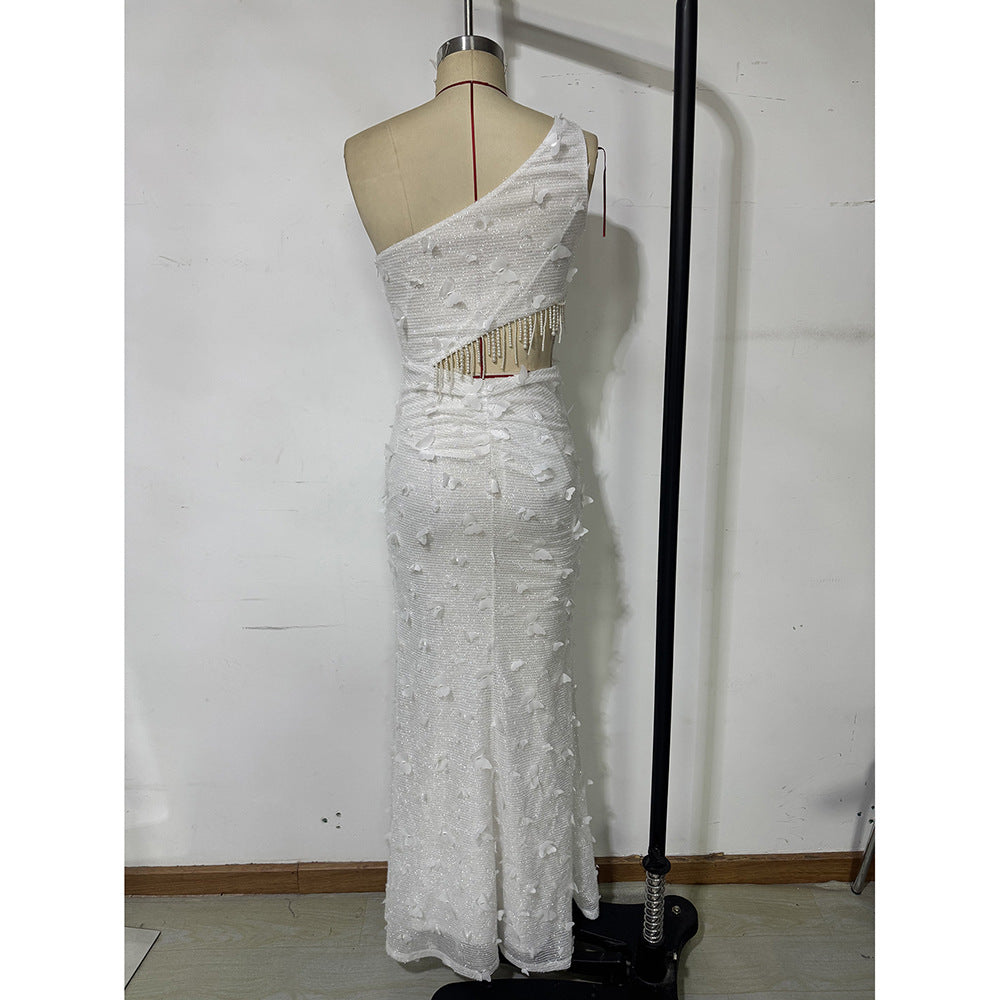 One-Shoulder Tassel Mesh Slim Dress Formal Party Wear 11