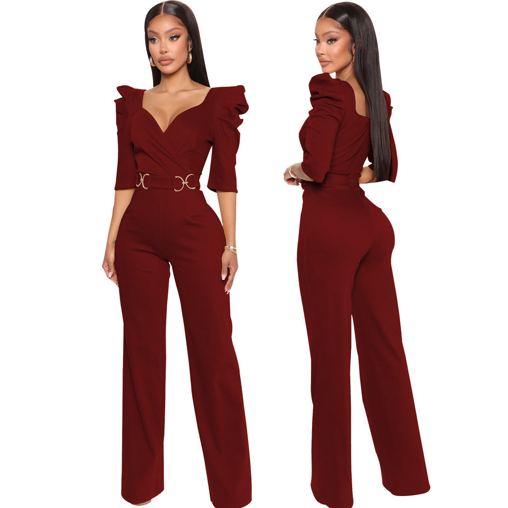 Sexy Fashion Solid Color Three-Quarter Sleeve V-Neck Jumpsuit Women's Clothing 6