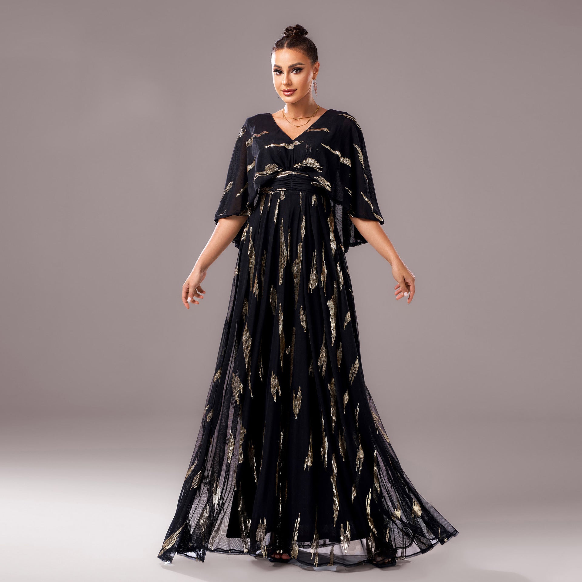 Women v-neck half-sleeve sequin formal party bodycon evening dress