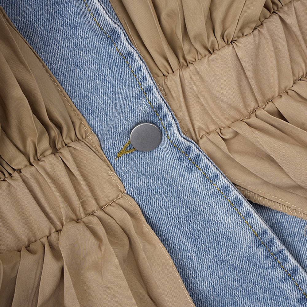 Women's Autumn Ruffle Contrast Color Patchwork Belt Turndown Collar Denim Jacket 16