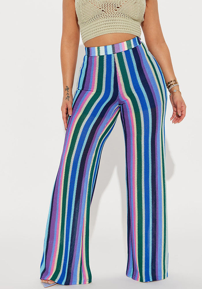 Women's clothing color strip knitting hollow jacquard zipper wide-leg pants