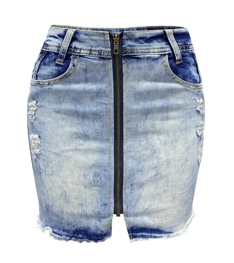 Spring Summer Style Women's Stretch Tight Fitting Ripped High Waist Zipper Denim Short Skirt 8
