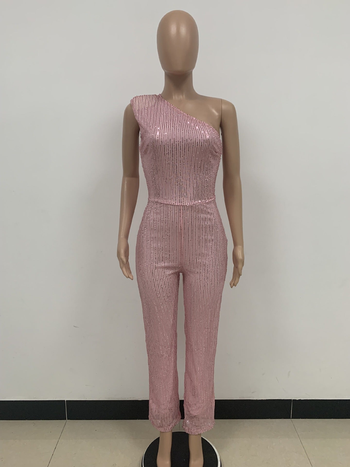 Women's Sleeveless One Shoulder Low Back Sequined Jumpsuit 64