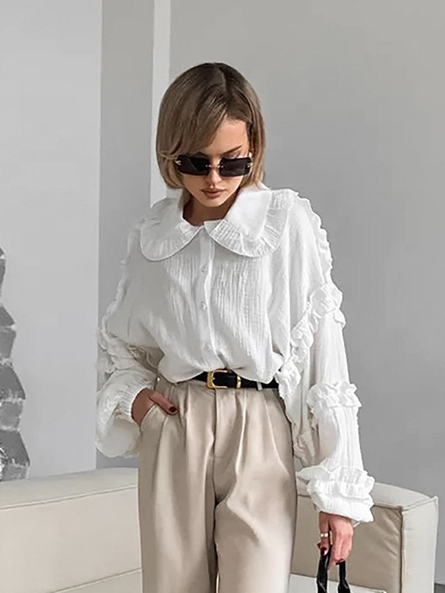 Women Spring and Summer Casual Turndown Clar Lantern Sleeve Career Shirt 4