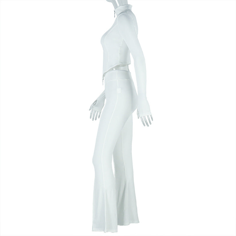 Women Pleated Zipper Solid Long Sleeve Stand Collar Crop Top and Long PantsTwo Piece Set 10