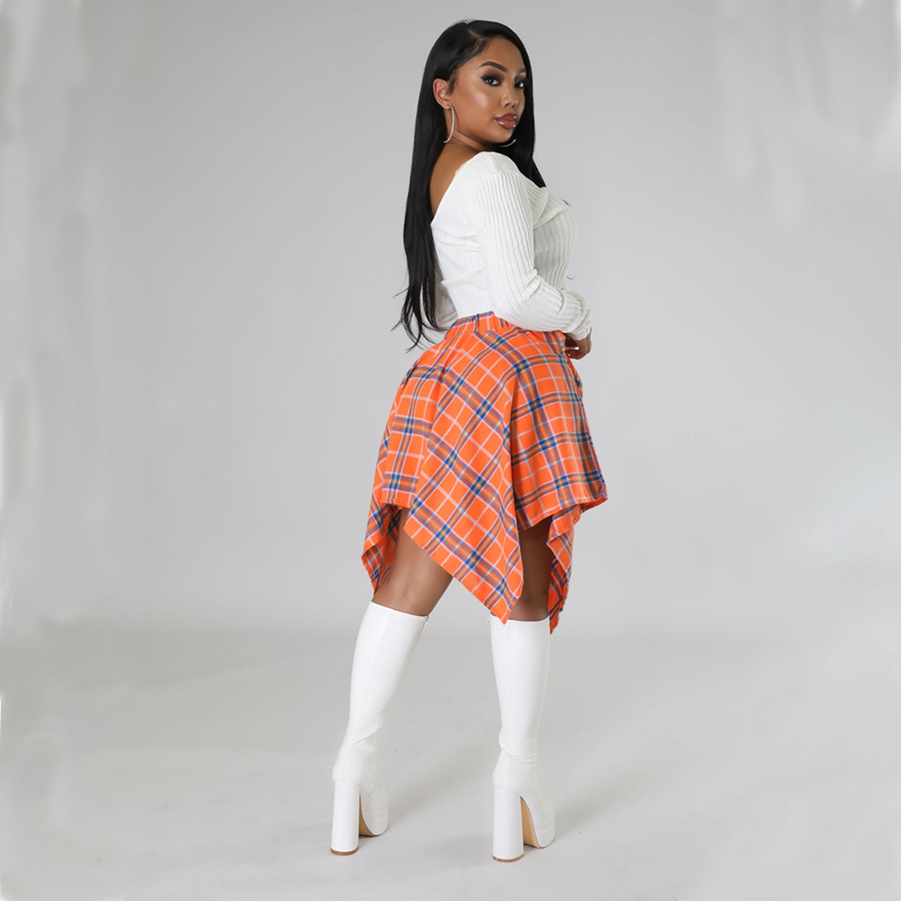 Fashionable Asymmetrical High-Waist Patchwork Plaid Skirt 34