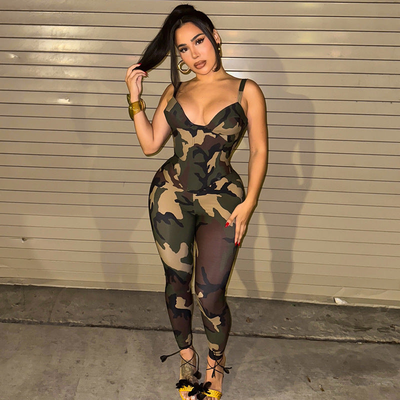 Women Spring/Summer Strapless Lace-Up Camouflage Gathered Top and Pants Two-Piece Set