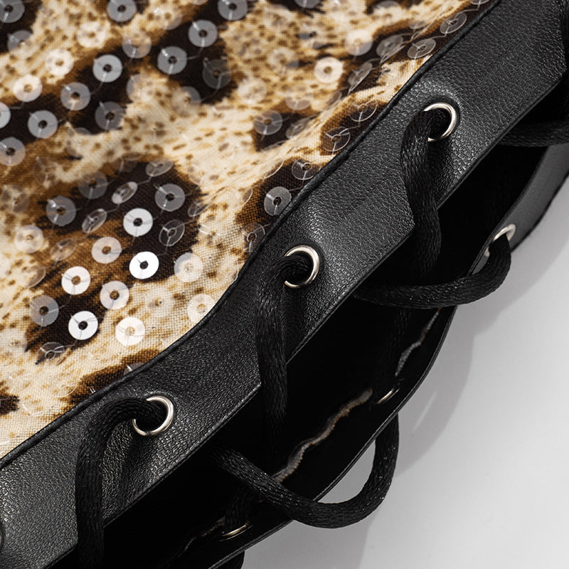 Women's spring and summer leopard print sequin low waist hollow slit Lace-Up skirt 17