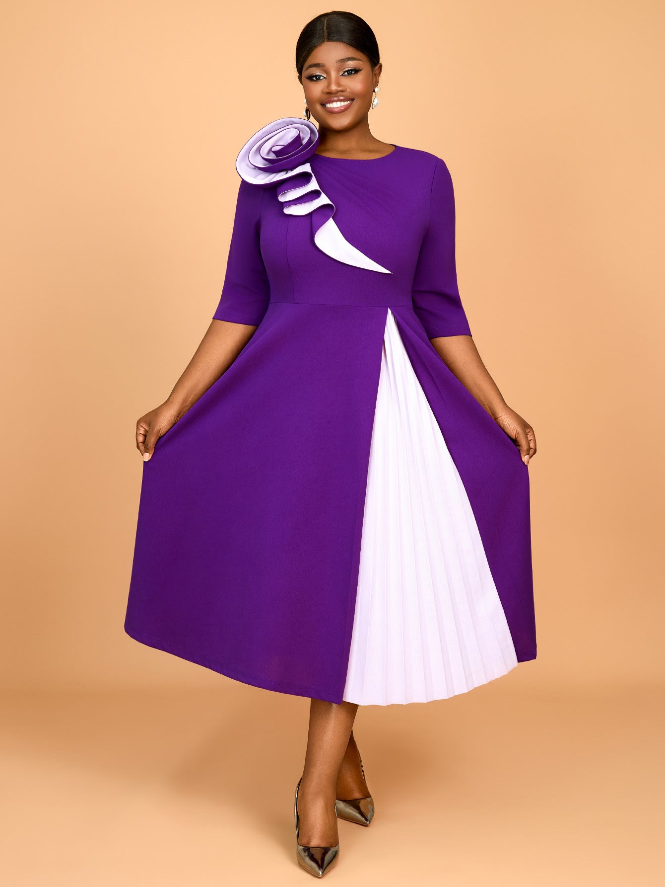 Summer Color Block Floral A-Line Cocktail Slim Waist Plus Size Party Dress 4