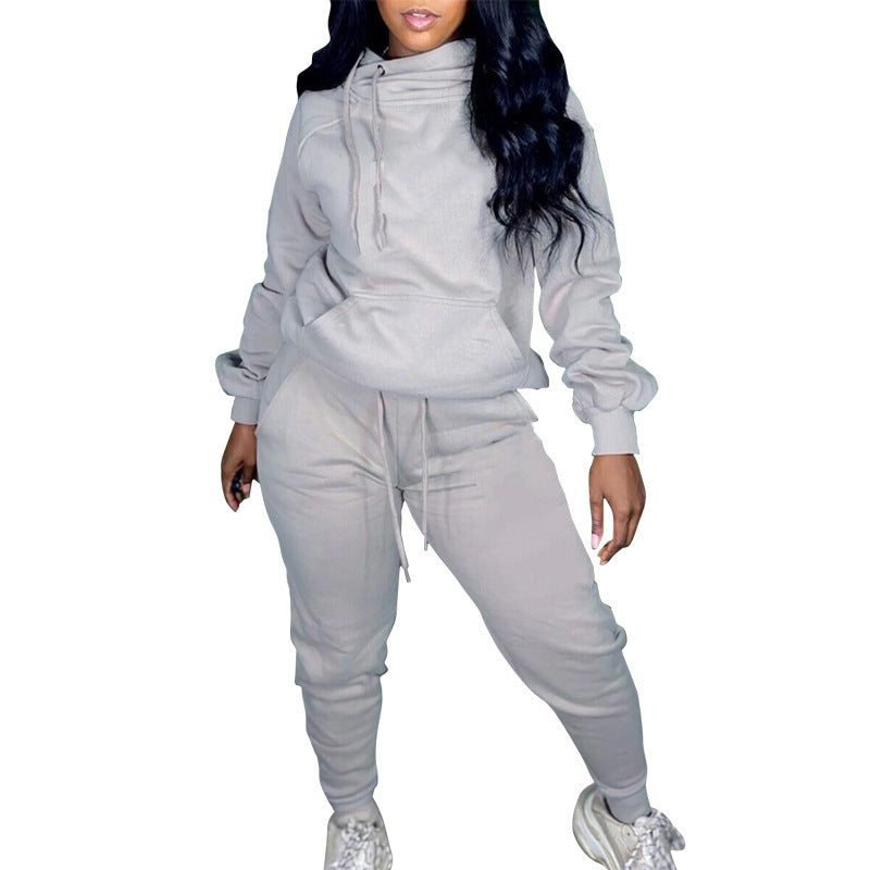 Women Casual Solid Long Sleeve Hooded Top+Pant Two Piece 3