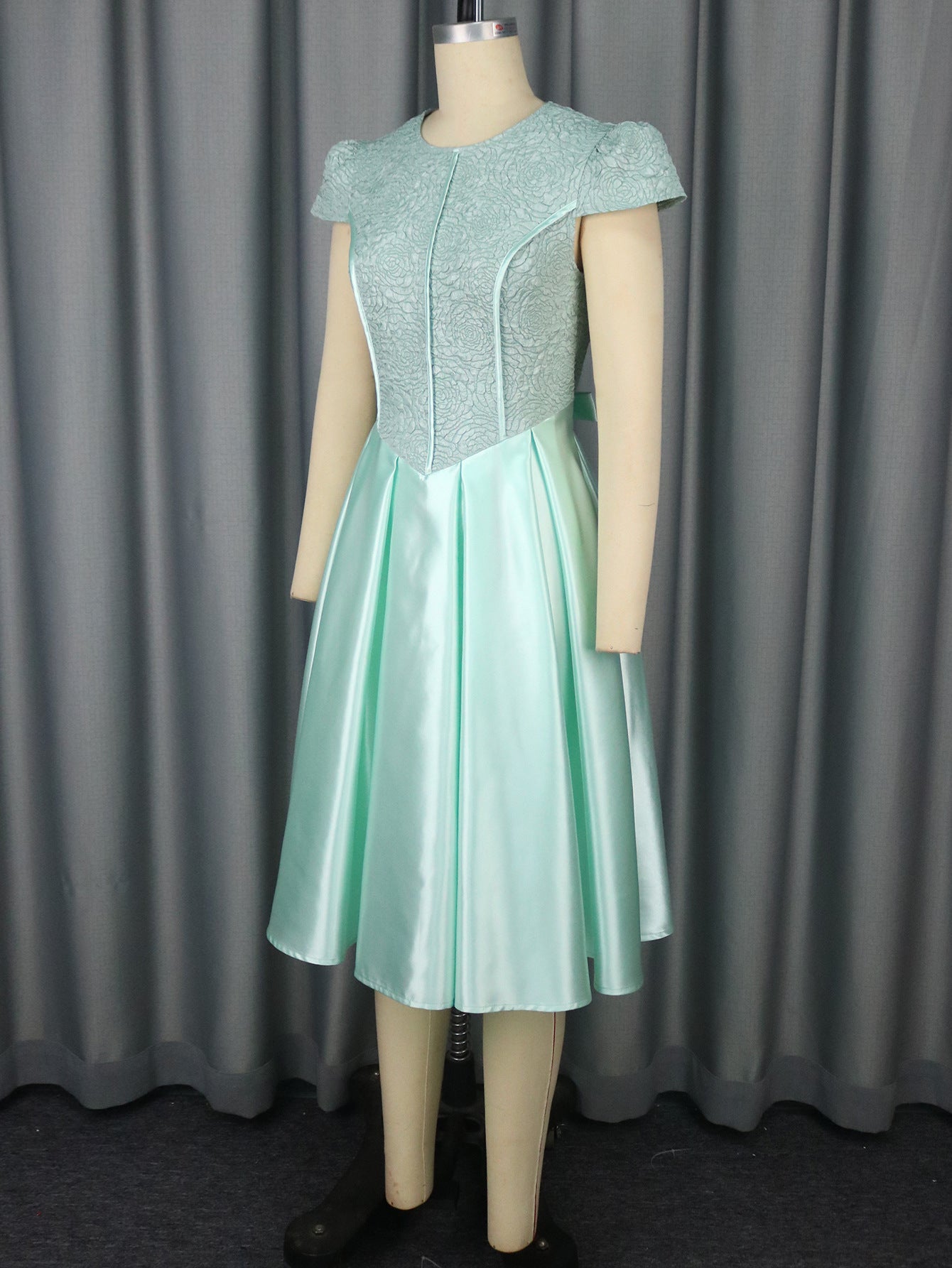 Summer Round Neck Rose Jacquard Bridesmaid Dress Bow Lace-Up Elegant Party Gown 9