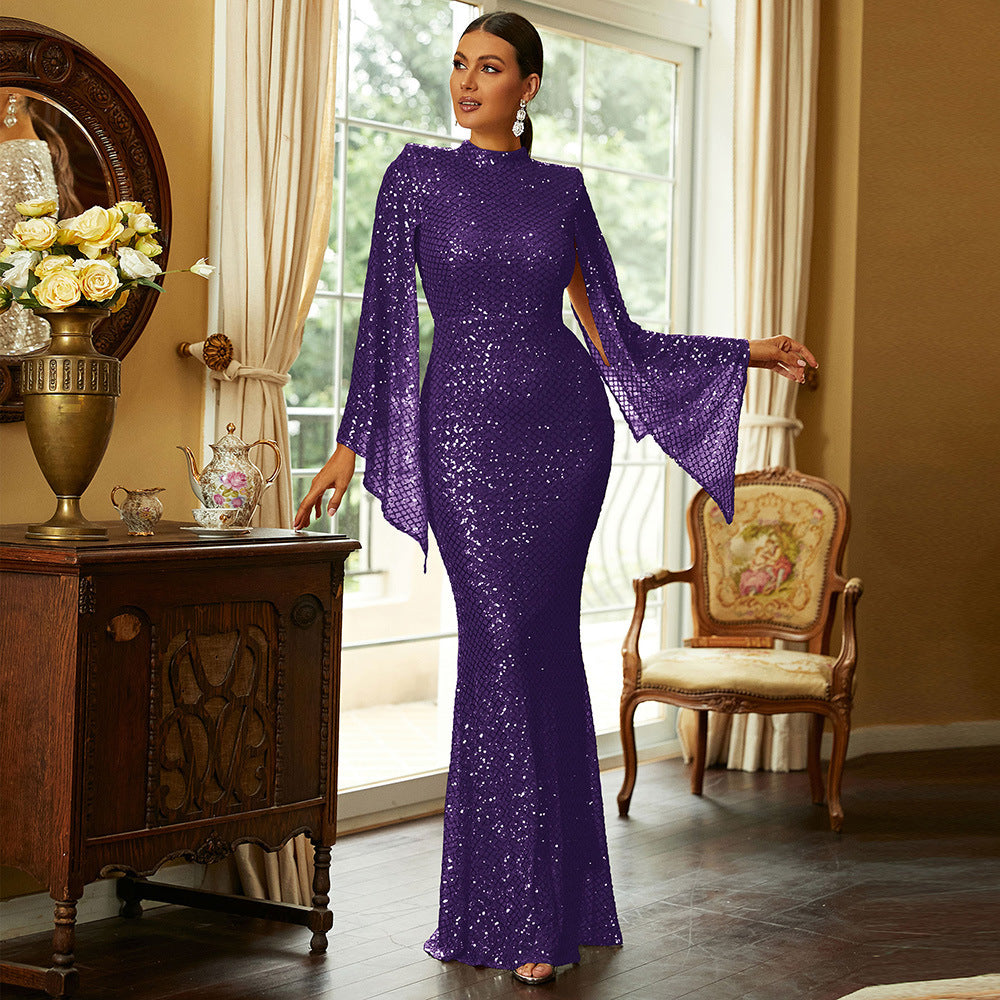 Women Long Sleeve Round Neck Sexy Sequin Formal Party Maxi Evening Dress 8