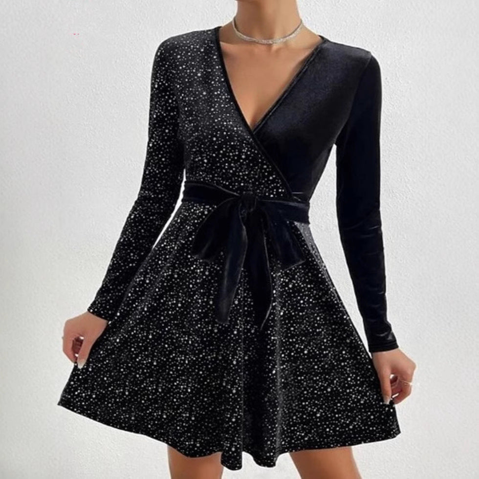 Spring Women's Fashion Elegant Long-Sleeve V-Neck Sequin Dress
