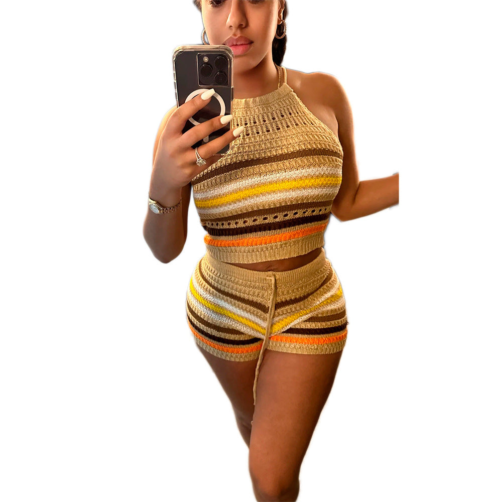 Summer Women's Sweater Fashion Print Low Back Halter Neck Top Bodycon Tight Fitting Pants Set 13