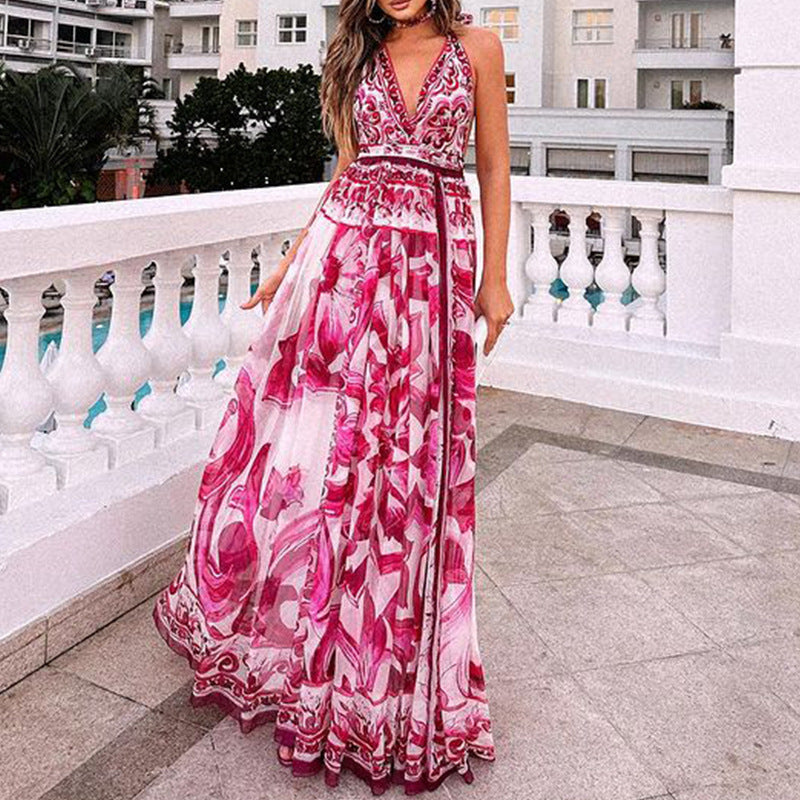 Women Sexy Printed Halter Neck Backless Maxi Dress 3