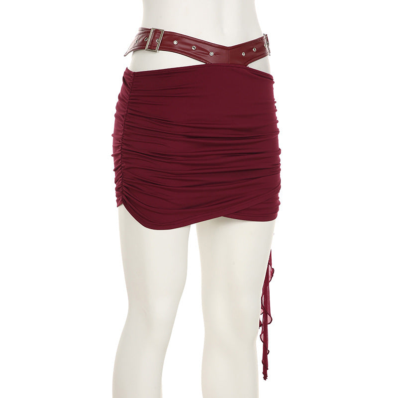 Slim Waist Lace-Up Strapless Top Leather Hollow Bodycon Skirt Two Piece Set 15