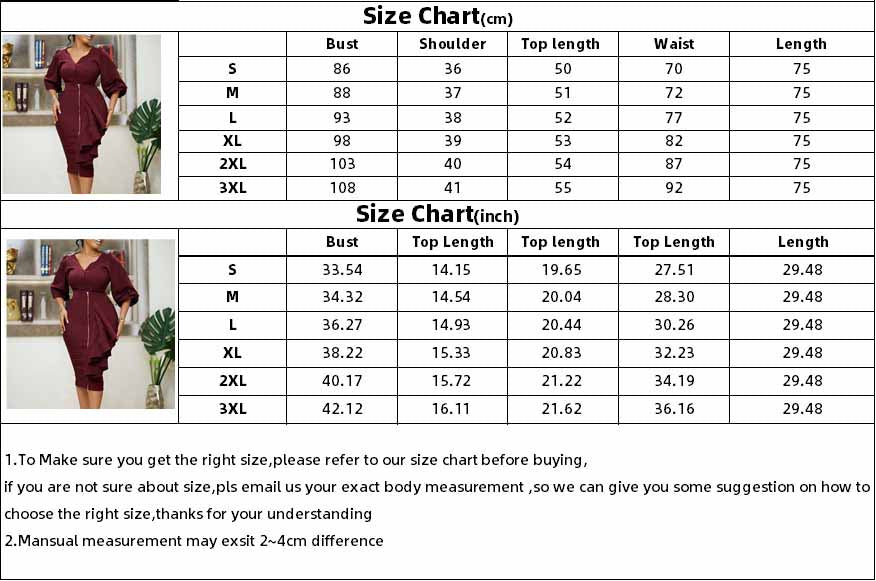 Plus Size Women'S Fall/Winter V-Neck Long Sleeve Top Bodycon Skirt Two Piece Set 9