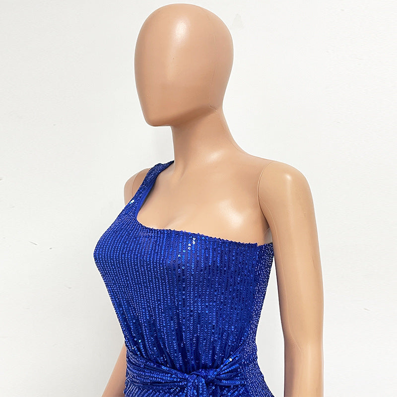 Women's One-Shoulder Lace-Up Sequined Evening Dress 67