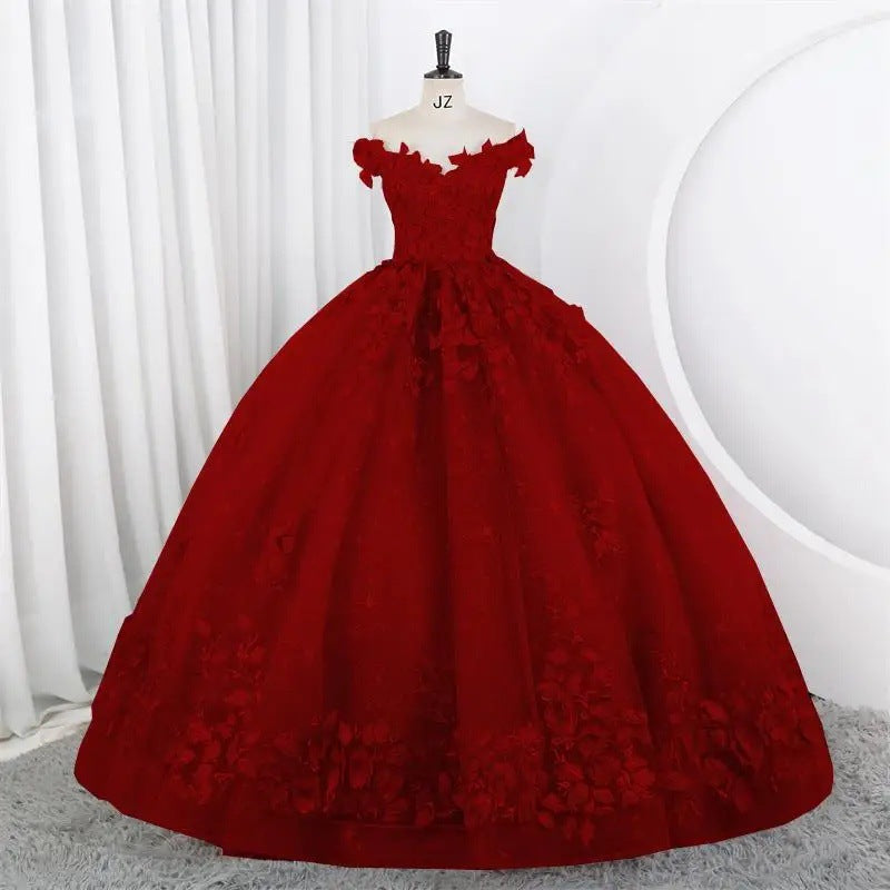 Women Puffy Tulle Embroidered Off-Shoulder Performance Costume Ball Gown 19