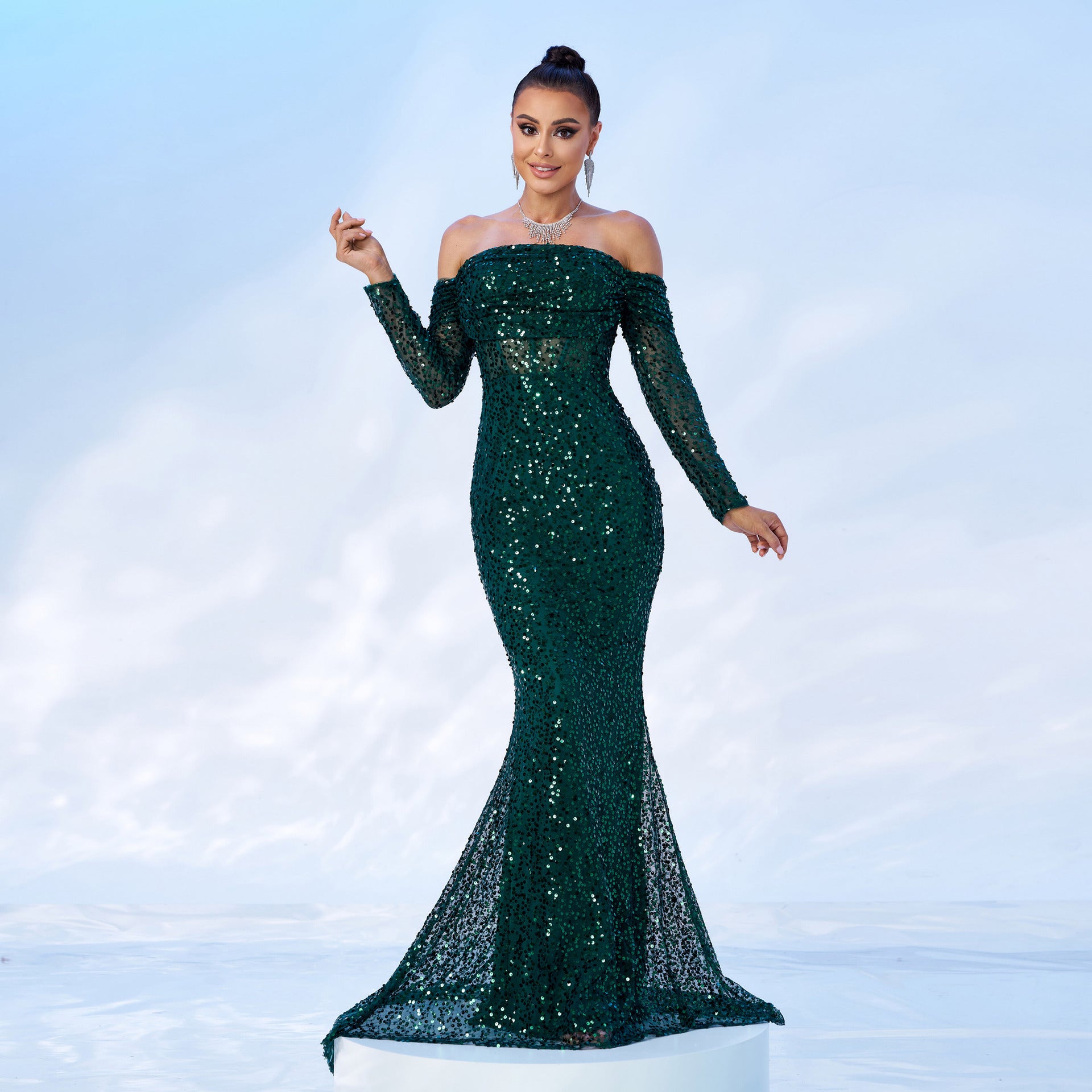 Women Off Shoulder Long Sleeve Sequin Formal Party Fishtail Evening Dress 3