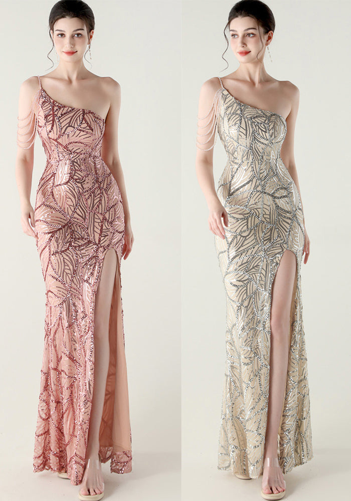 Women One Shoulder Beaded Sequin Embroidery Formal Party Prom Wedding Evening Dress