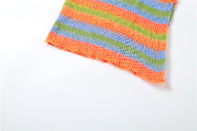 Autumn Women sexy knitting striped contrast top and slit skirt two-piece set 23