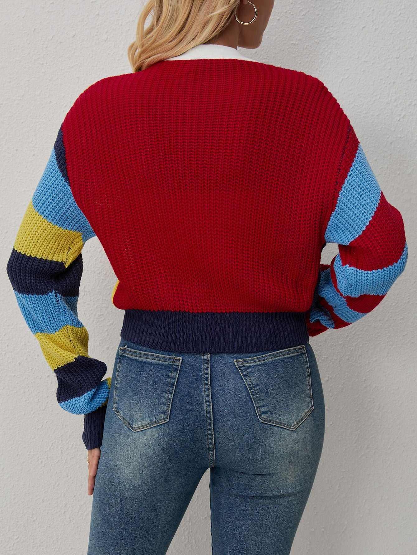 Women Casual Multi-Color Letter Sweater Stripe Contrast Button Long-Sleeved Cropped Jacket 3