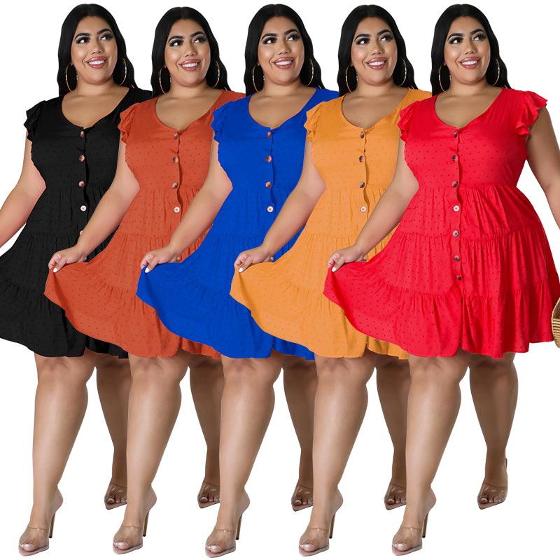 Plus Size Women's Solid Color Ruffled Short Sleeve Button Up Casual A-line Dress 7