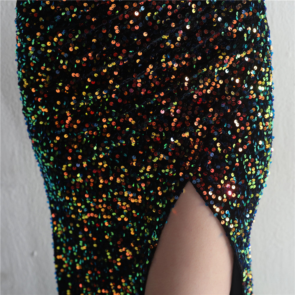 Velvet Sequin Magic Multi-Color One Shoulder Party Wedding Dinner Mermaid Long Evening Gown 20