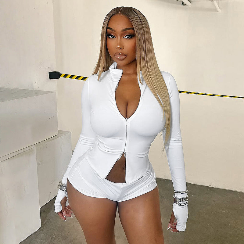 Women Autumn/Winter Stand Collar Zippered Top Shorts with Three-Piece Knee Pads 8