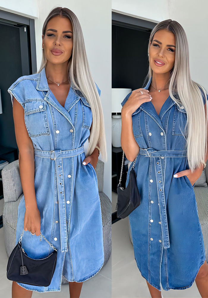 Women's Sleeveless Buttoned Belt Denim Dress