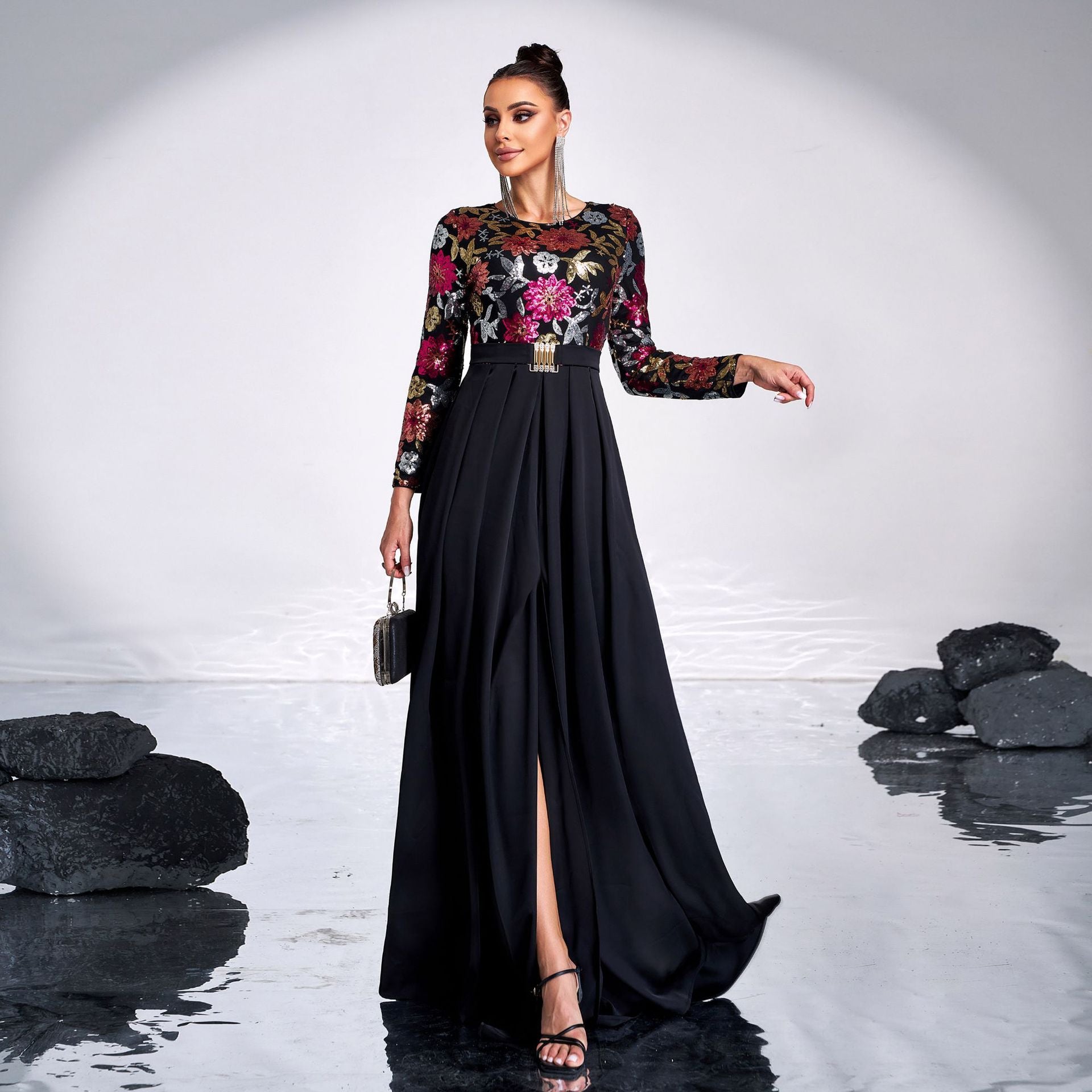 Long Sleeve Round Neck Long Sequin Formal Party Evening Dress Bridesmaid Dress 6