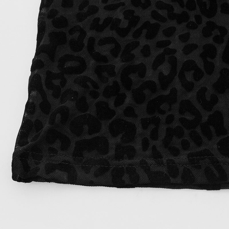 Women autumn leopard print flocked mesh sexy Bodycon Mini dress 15