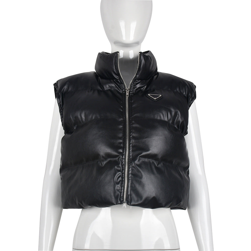 Women Winter Fashion Trend Pu Leather Cotton-Padded Vest 9