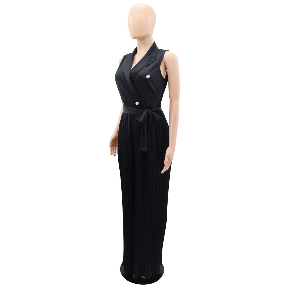 Women Spring V-neck Sleeveless Backless Pleated Wide Leg Jumpsuit 15
