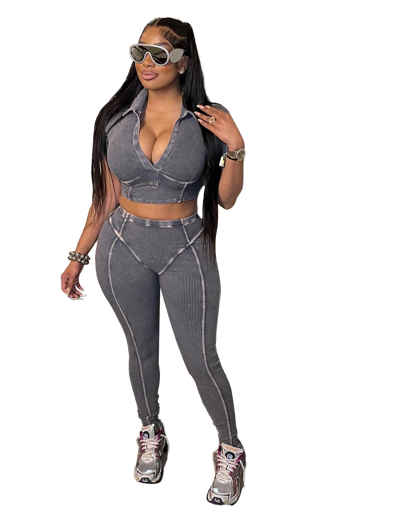 Women Washed and distressed Turndown Collar V Neck two-piece set 5