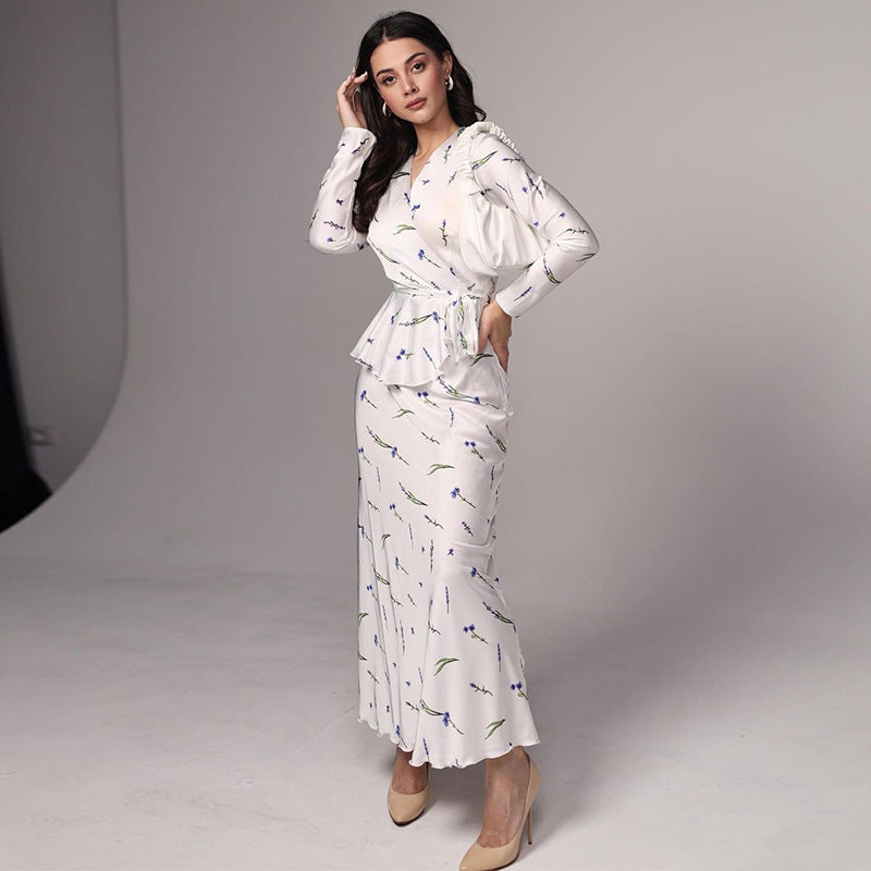 Women 's Spring V-Neck Printed High Waist Long Bodycon Dress 3