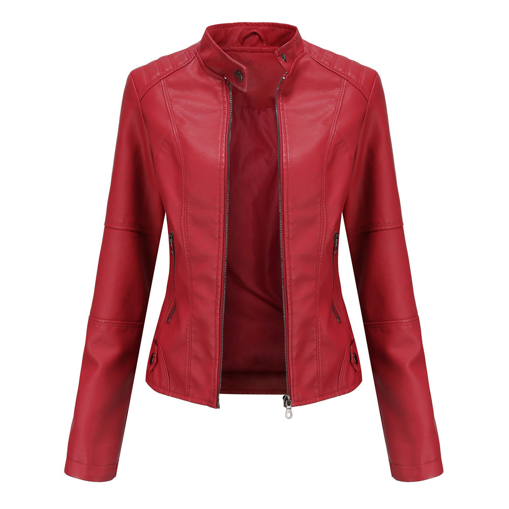 Women'S Leather Clothes Women'S Spring Autumn Coat Women'S Plus Size Stand Collar Slim Thin Leather Jacket 14