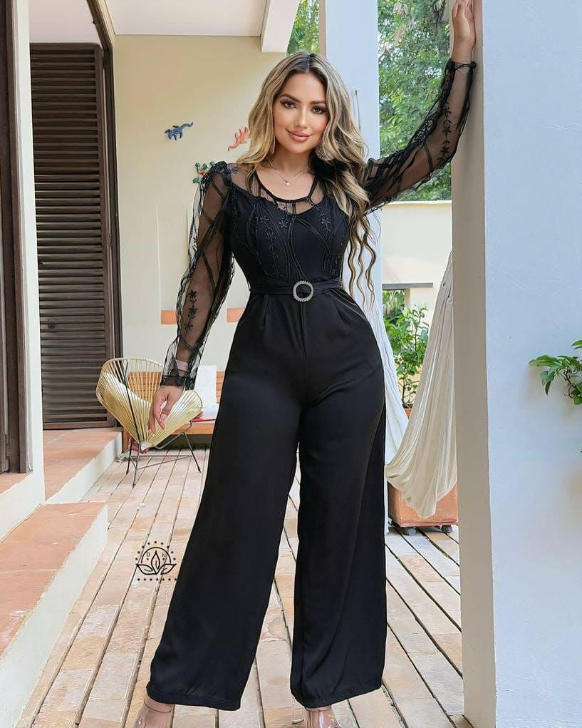 Women's Mesh See-Through Patchwork Embroidery Sexy Jumpsuit (Includes Belt) 3