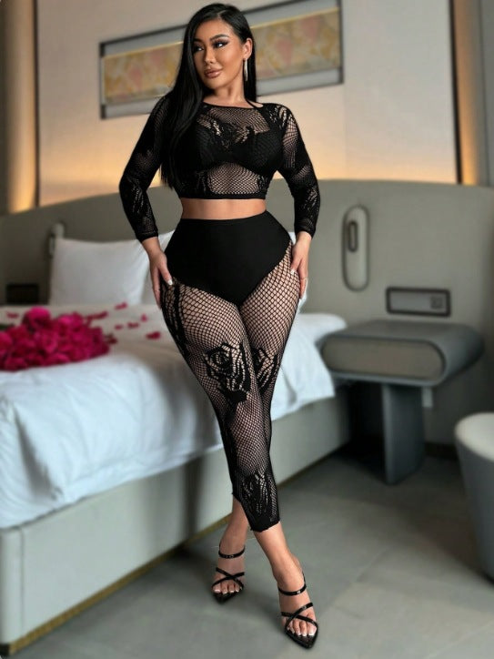 Sexy Net Clothes See Through Hollow Mesh Long Sleeve Two Piece Pants For Night Club 3
