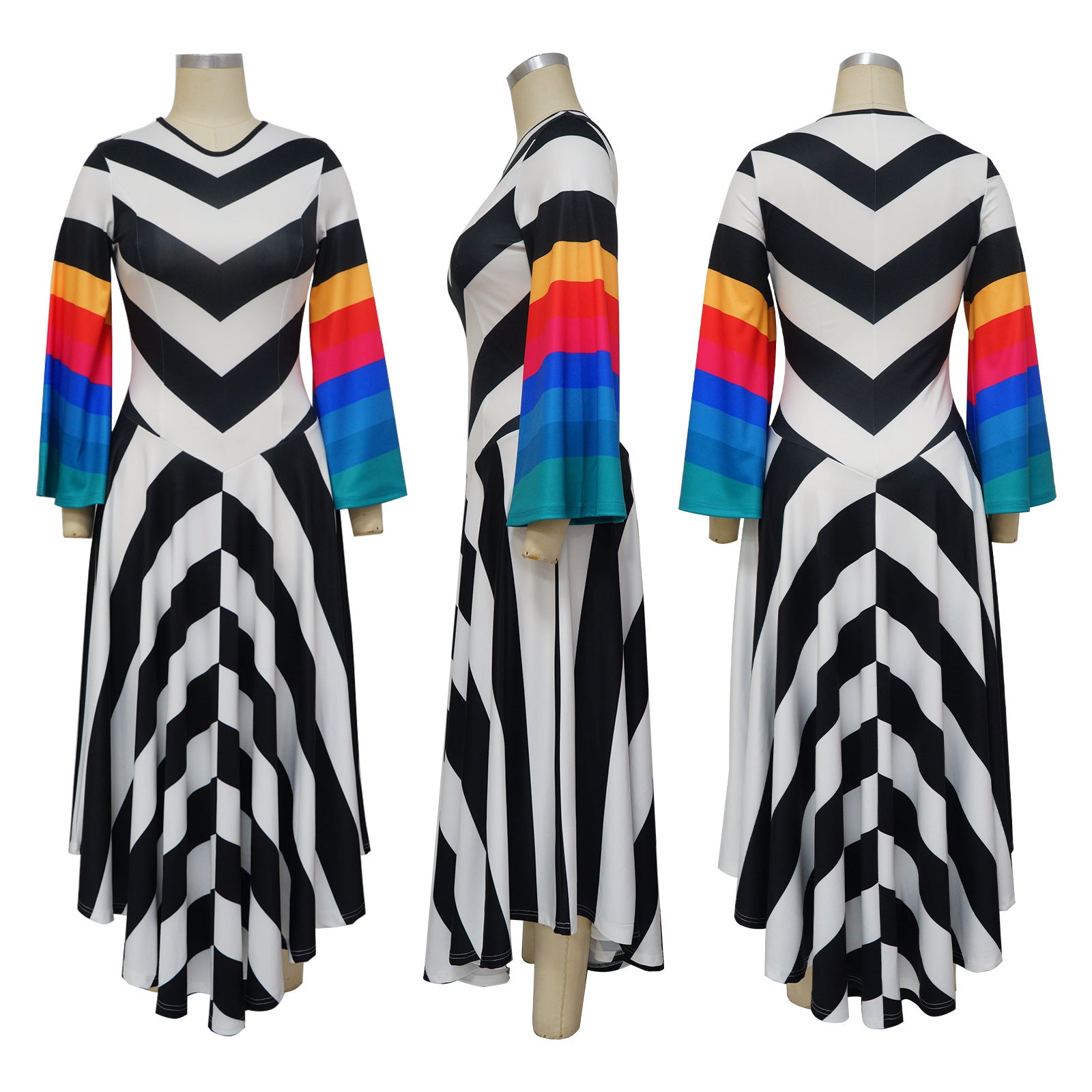 Women's Fashion V Neck Bell Bottom Sleeves Contrast Color Maxi Dress Slim Waist Dress 13