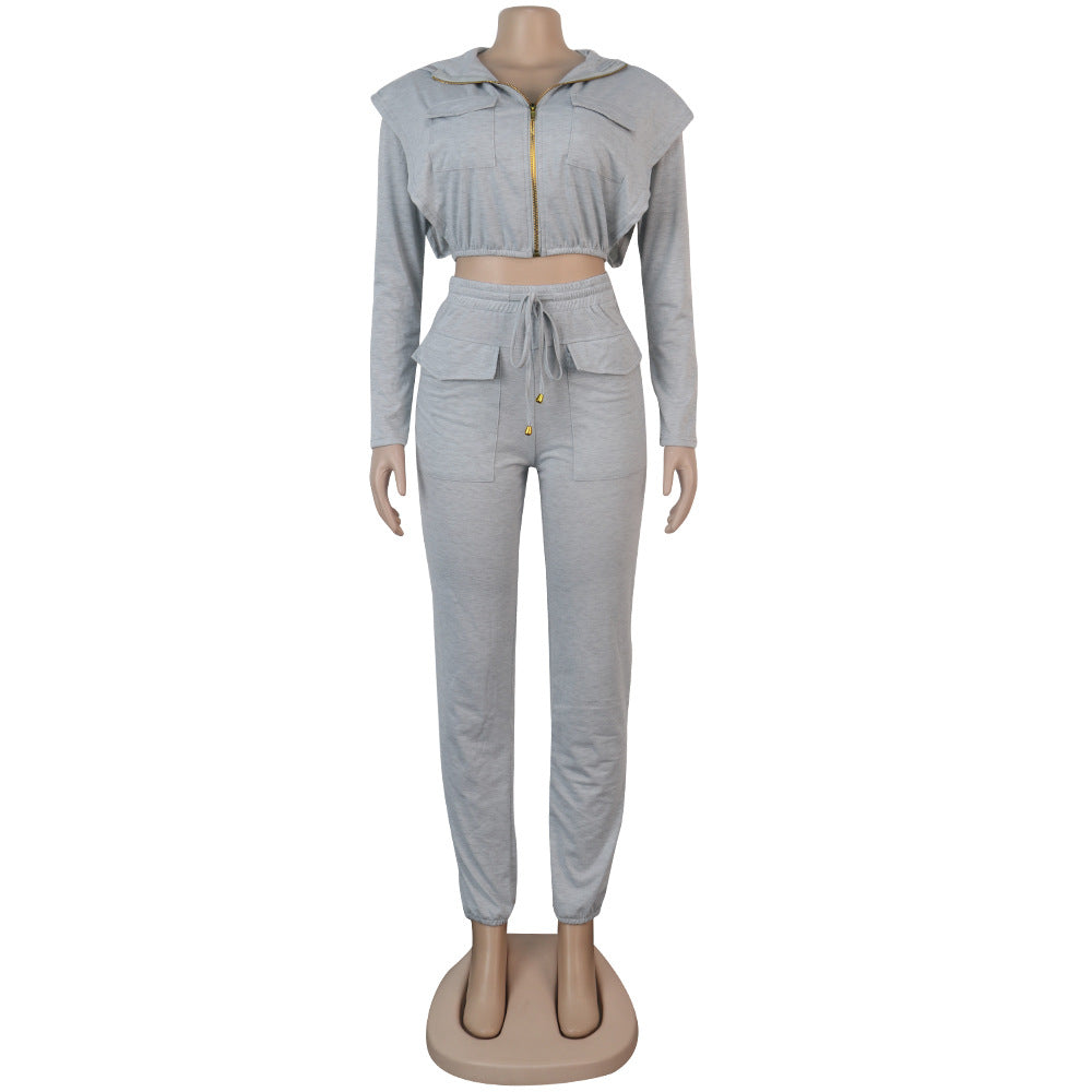 Women Sexy Zip with Cap Long Sleeve Top + Trousers Two-piece Set 17