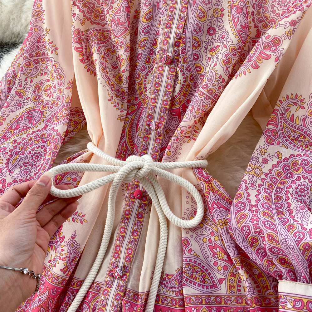 Women Stand Collar Balloon Sleeve Printed Dress 17