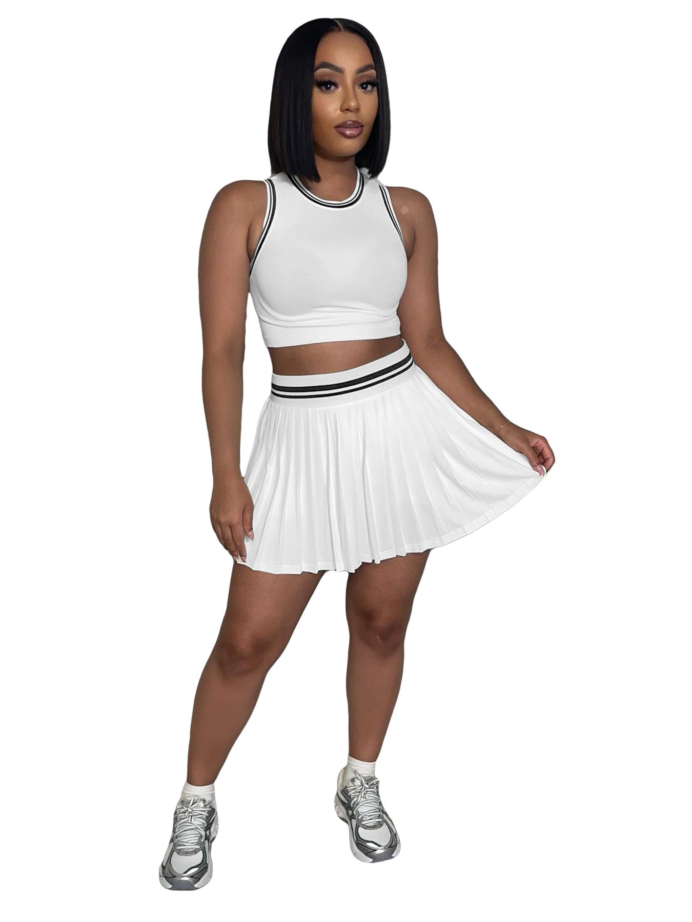 Women Sleeveless Crop Top Pleated Skirt Sports Two-piece Set 7