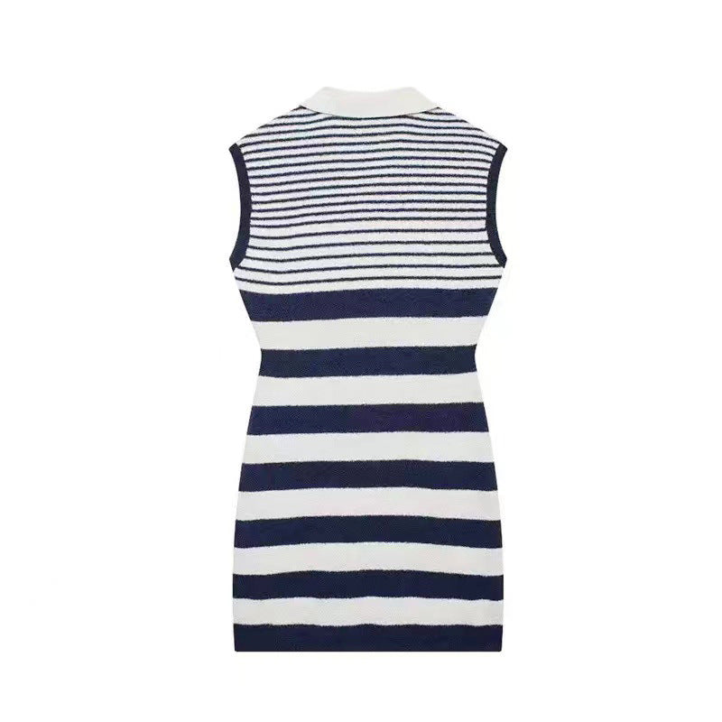 Women's Chic Fashion Striped Turndown Collar Sleeveless Slim Knit Dress 9