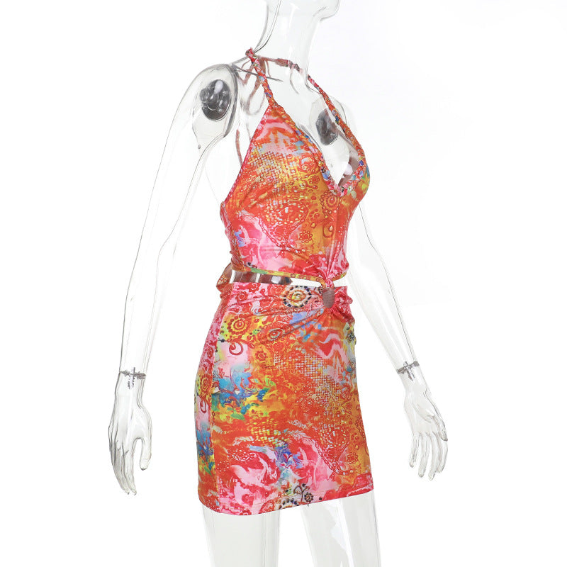 Women summer sexy printed hollow Halter Neck Bodycon dress 7