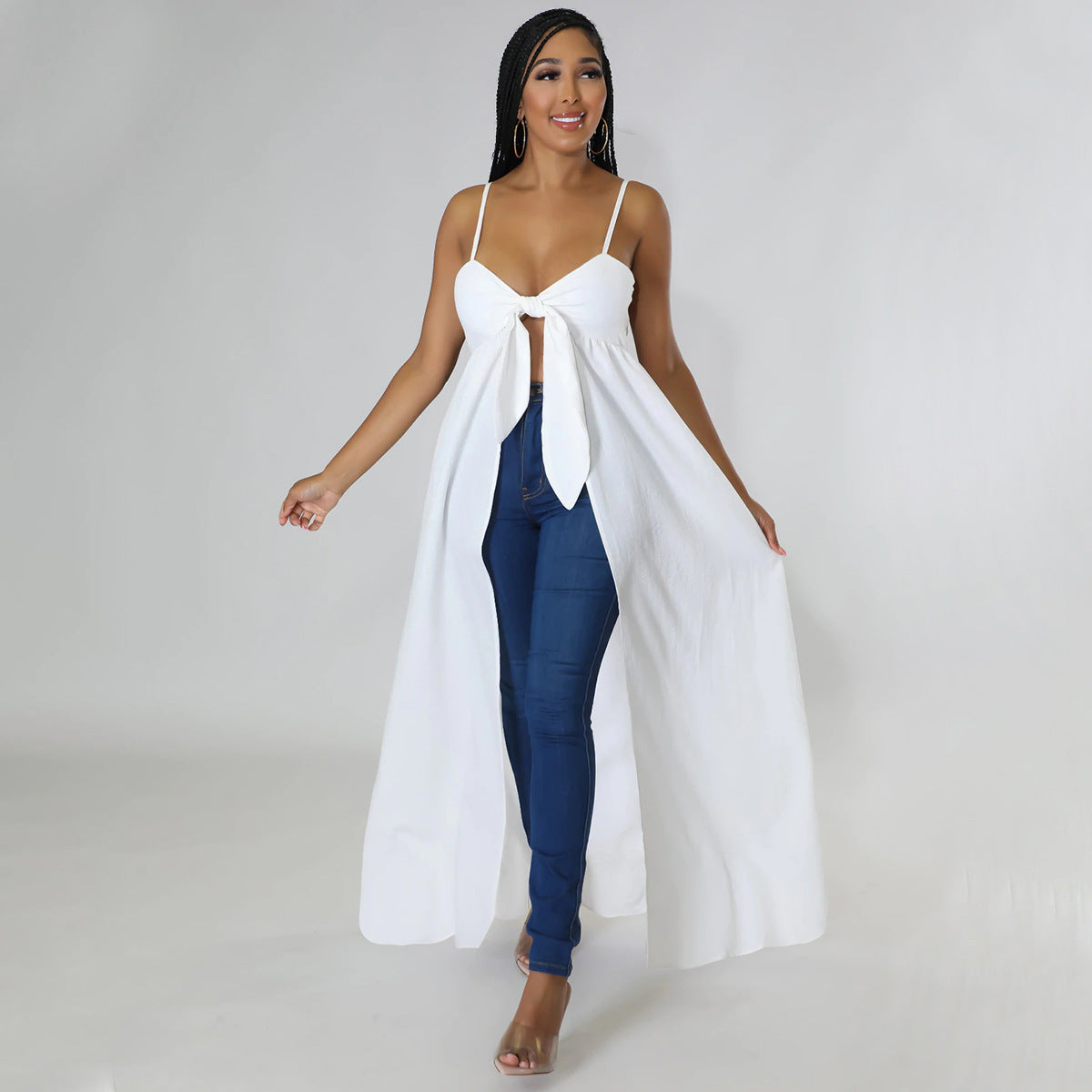 Women Sexy strap Irregular V-neck Slit Long T-Shirt