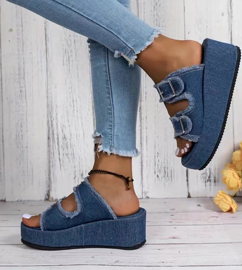 Plus Size Denim Belt Buckle One-Step Sandals Women's Summer Outdoor Wear Thick-Soled Slippers 5