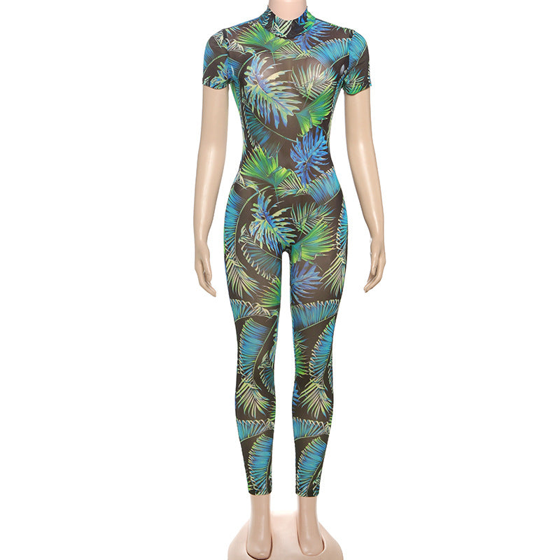 Women summer Women sexy Backless print See-Through Mesh Jumpsuit 12