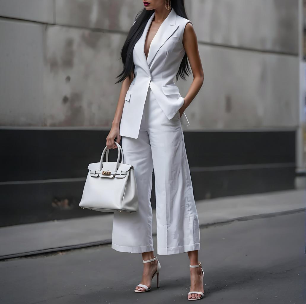 Women's Solid Color Sleeveless Straight-Leg Pantsuit Professional Office Set 6